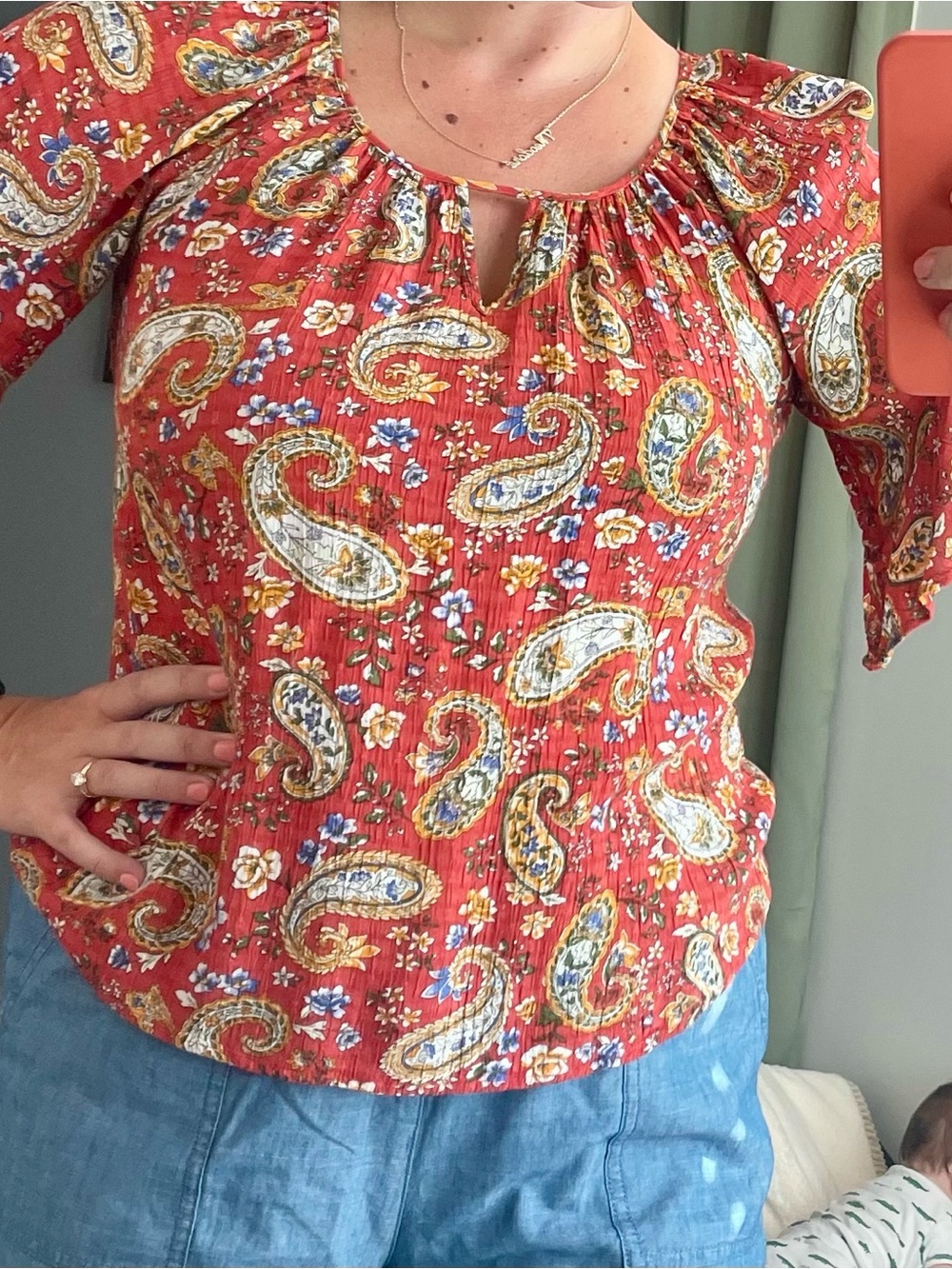 AGB Red Paisley Flutter Sleeve Peasant Blouse
